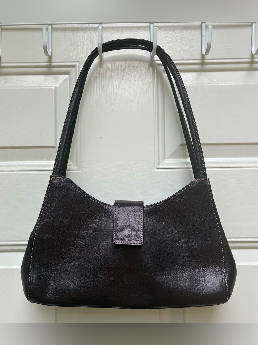 Fossil Vintage Black Leather Shoulder Bag Contrast Stitch Baguette Bag Boho Chic